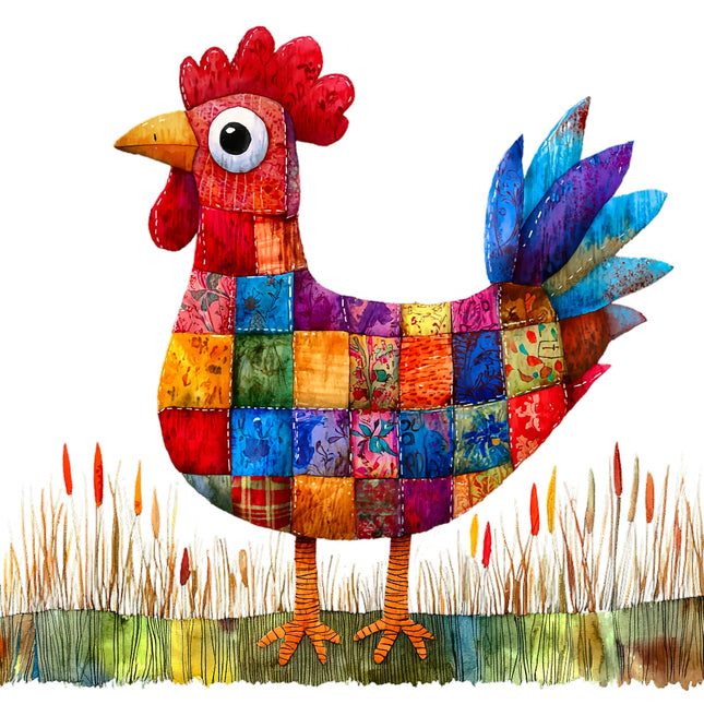 Colorful patchwork rooster with a grassy background fabric panel