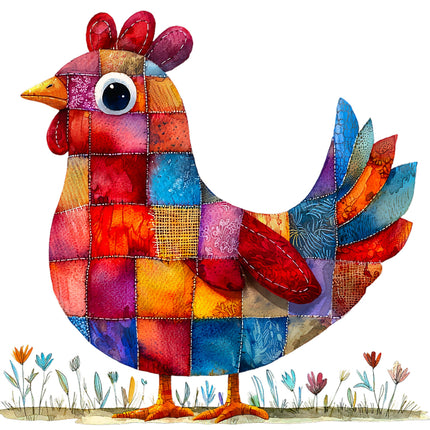 Colorful patchwork chicken fabric panel