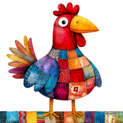 Colorful patchwork rooster quilt panel