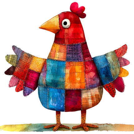 Colorful patchwork chicken quilt panel