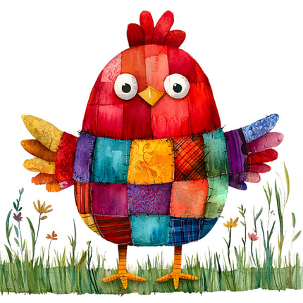 Colorful patchwork chicken quilt block