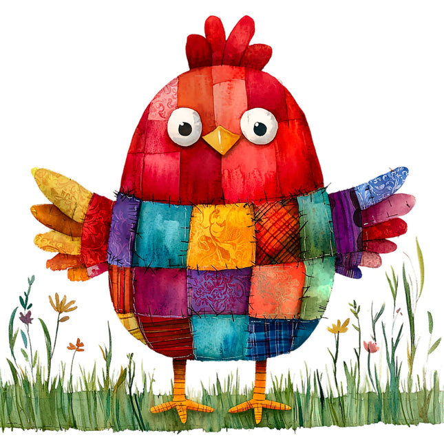 Colorful patchwork chicken quilt block