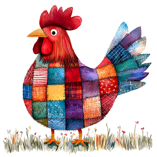 Colorful patchwork rooster fabric panel