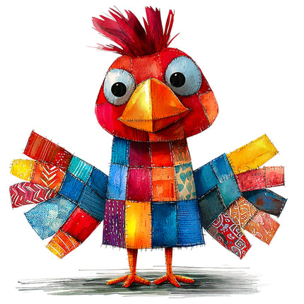 Colorful patchwork bird with a red crest fabric panel