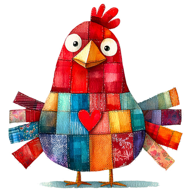 Colorful patchwork rooster with a heart fabric panel