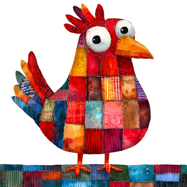 Colorful patchwork chicken quilt block