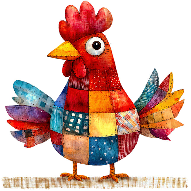 Colorful patchwork chicken quilt block