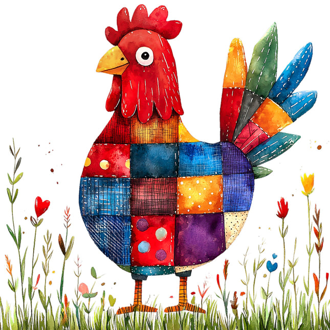 Colorful patchwork rooster in a garden setting fabric panel