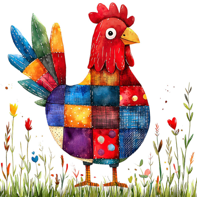 Colorful patchwork chicken quilt block