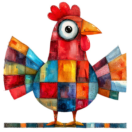 Colorful patchwork chicken quilt block