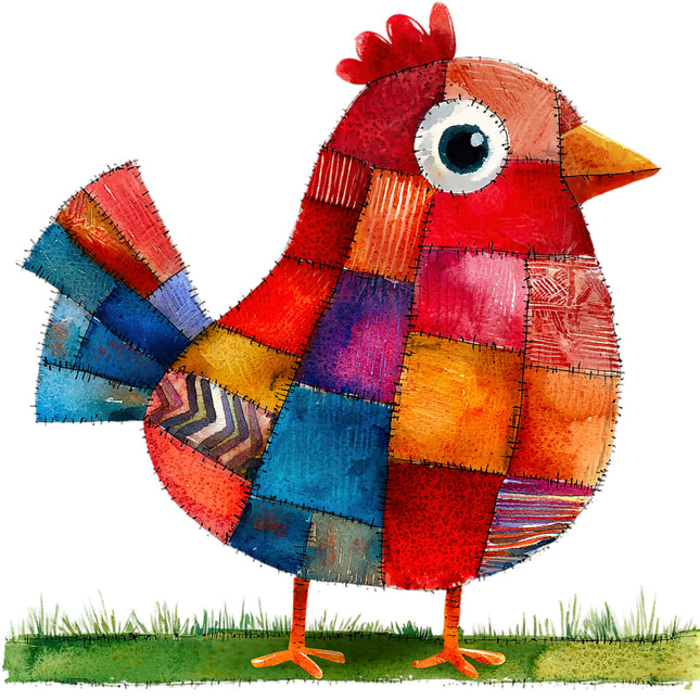 Colorful patchwork chicken quilt block