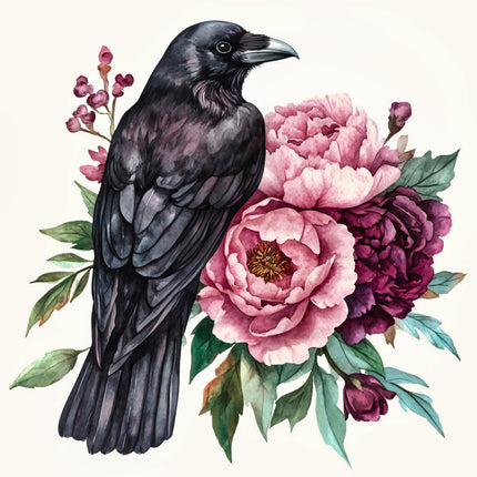Black crow surrounded by pink and purple flowers quilt block