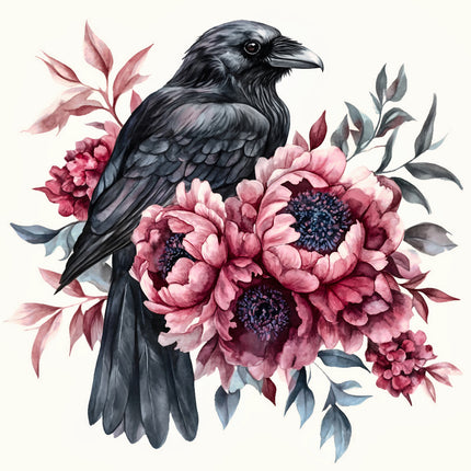 Black crow perched on pink flowers with green leaves quilt block
