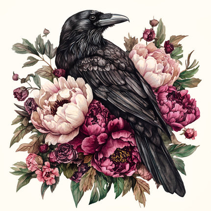 Black crow surrounded by pink and purple flowers fabric panel