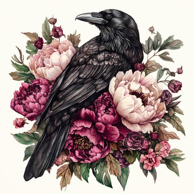 Black crow perched on a bouquet of pink and purple flowers fabric panel