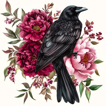 Black crow perched on pink flowers with green leaves fabric panel