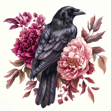 Black crow surrounded by pink and purple flowers fabric panel