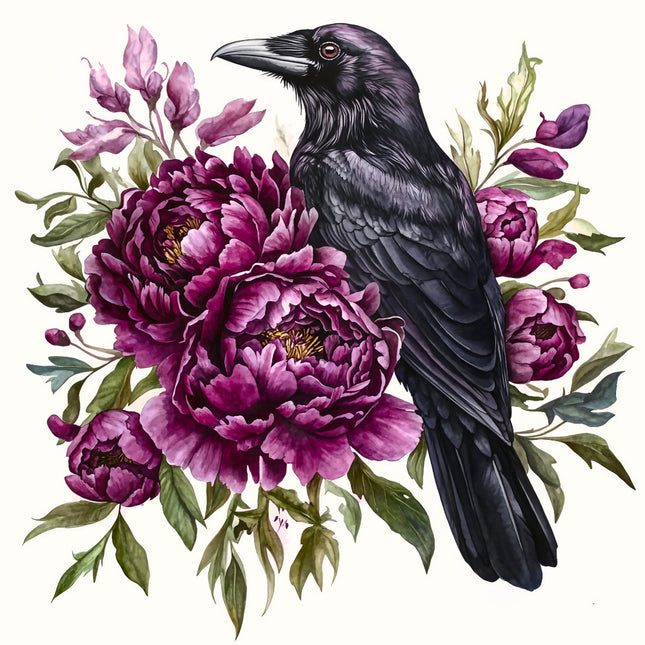 Black crow perched on purple flowers fabric panel