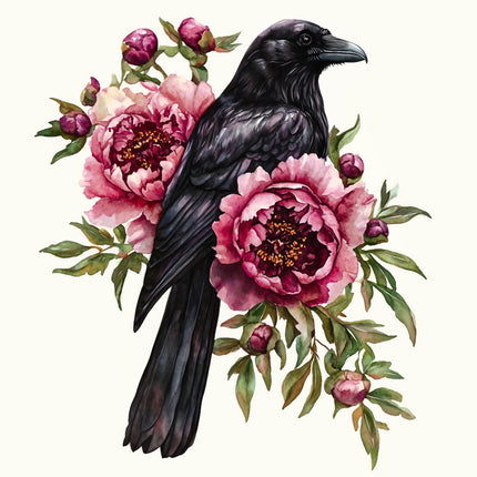 Black crow perched on pink flowers with green leaves fabric panel