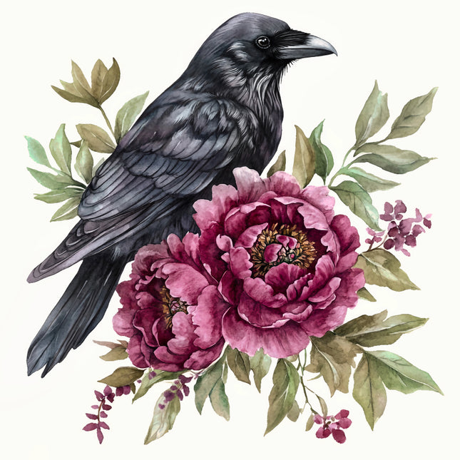 Illustration of a crow with pink flowers and green leaves fabric panel