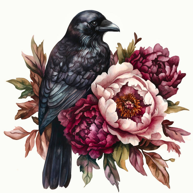 Illustration of a black bird surrounded by pink and purple flowers fabric panel