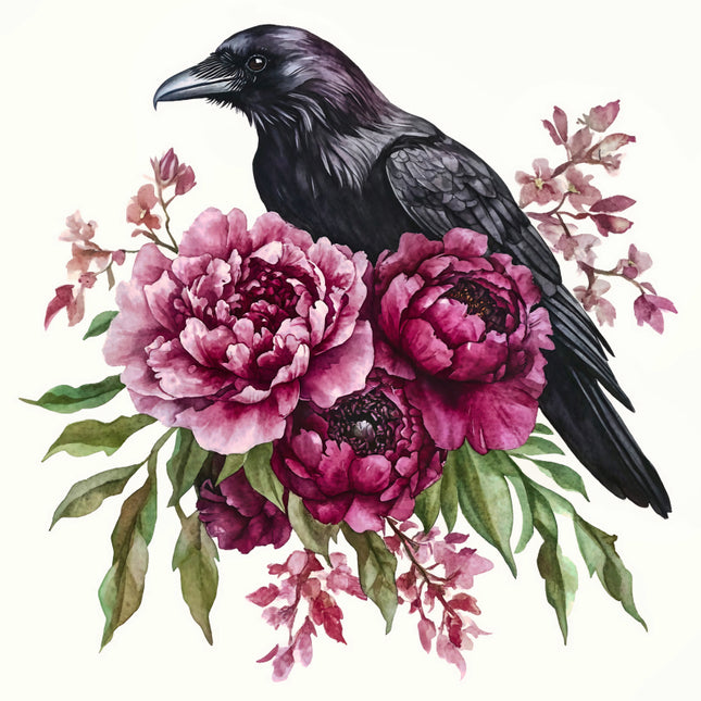 Black crow perched on pink flowers with green leaves fabric panel
