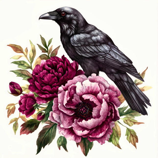 Black crow perched on pink and purple flowers with green leaves fabric panel