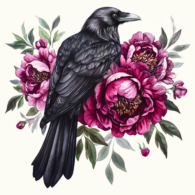 Black bird perched on pink flowers fabric panel