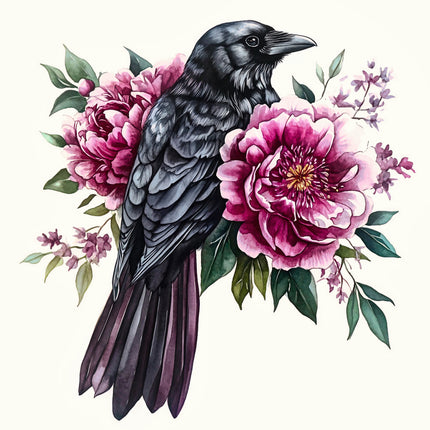 Black crow surrounded by pink flowers and green leaves on a white background