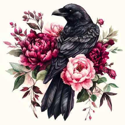 Black crow surrounded by pink and red flowers fabric panel