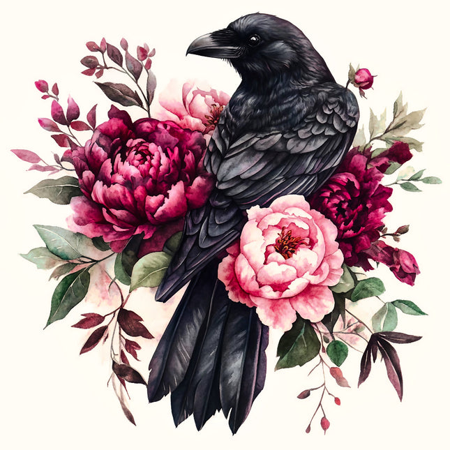 Black crow surrounded by pink and red flowers fabric panel