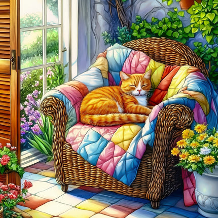Cat sleeping on a colorful quilted chair with flowers and garden view fabric panel