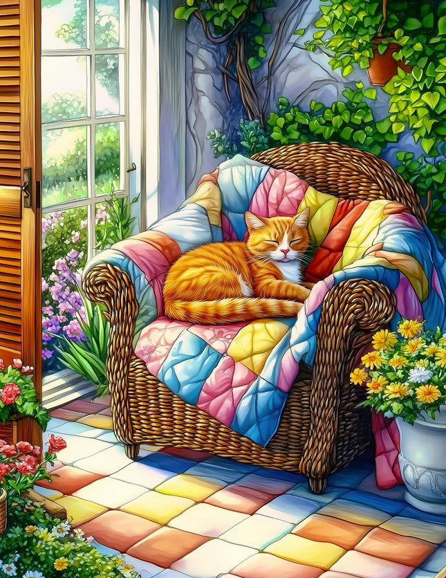 Cat sleeping on a colorful quilted chair with flowers and garden view fabric panel