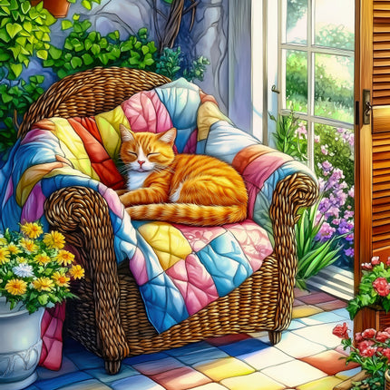 Cat sleeping on a colorful quilted chair in a sunlit room with flowers and plants fabric panel