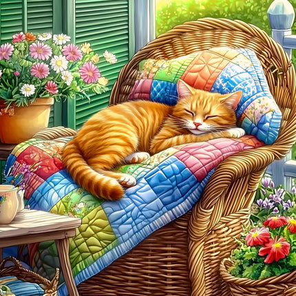 Cat sleeping on a colorful quilted chair with flowers fabric panel