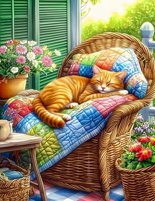 Cat sleeping on a colorful quilted chair with flowers fabric panel