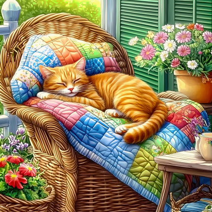 Cat sleeping on a colorful quilted blanket in a wicker chair with flowers and plants fabric panel