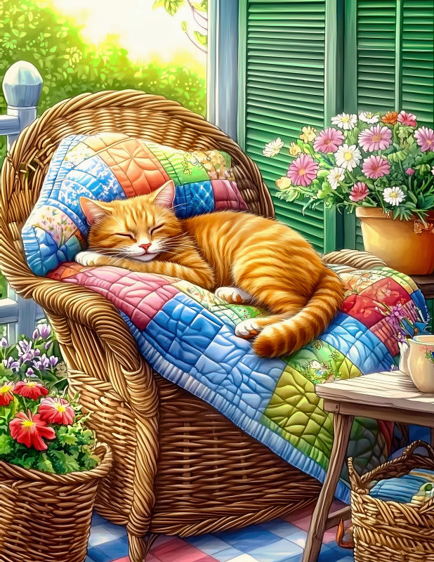 Cat sleeping on a colorful quilted blanket in a wicker chair with flowers and plants fabric panel