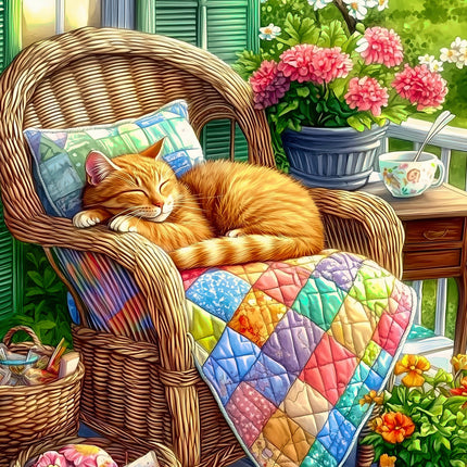 Cat sleeping on a wicker chair with a colorful quilt, surrounded by flowers and plants fabric panel