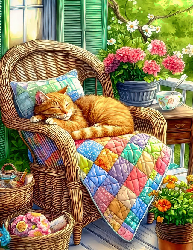 Cat sleeping on a wicker chair with a colorful quilt, surrounded by flowers and plants fabric panel