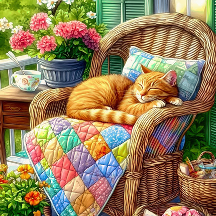 Cat sleeping on a wicker chair with a colorful quilt, surrounded by flowers and plants fabric panel