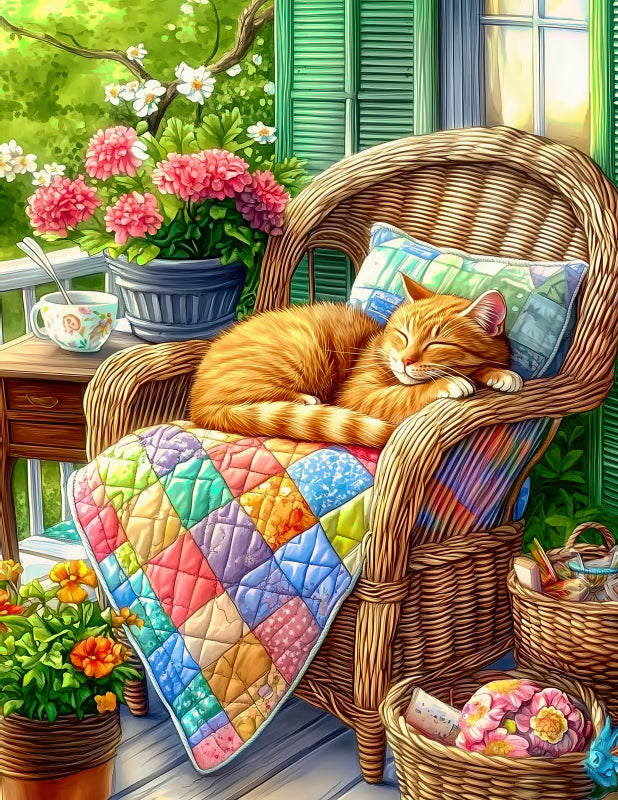 Cat sleeping on a wicker chair with a colorful quilt, surrounded by flowers and plants fabric panel