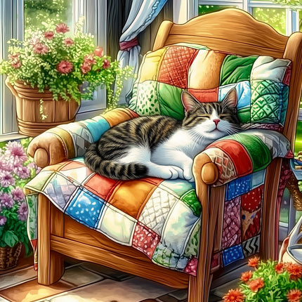 Cat sleeping on a colorful quilted chair with flowers and plants around