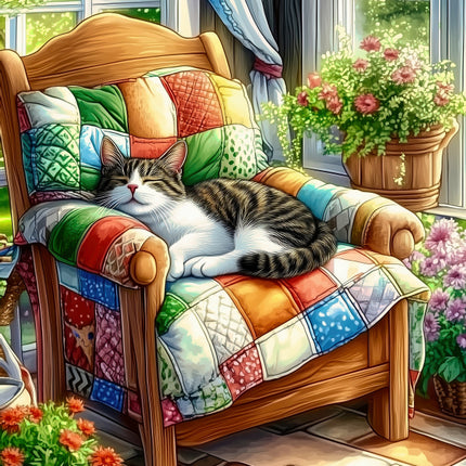 Cat sleeping on a colorful patchwork armchair with flowers and plants fabric panel