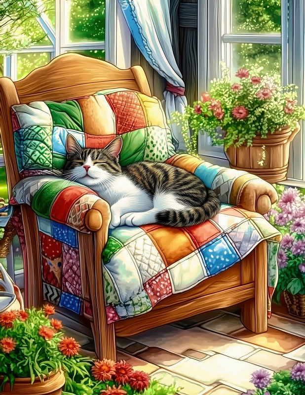 Cat sleeping on a colorful patchwork armchair with flowers and plants fabric panel