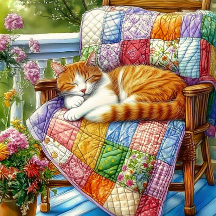 Cat sleeping on a colorful quilted chair with flowers and greenery in the background fabric panel