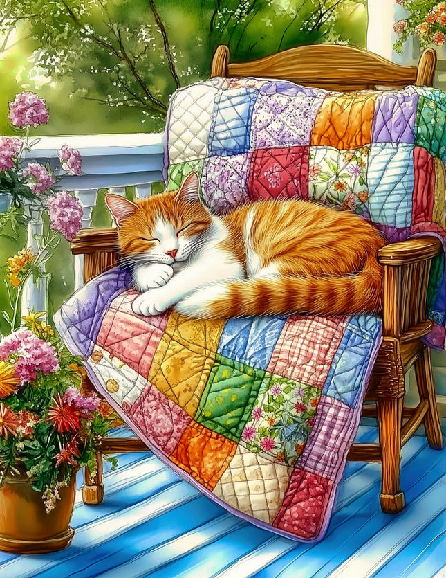 Cat sleeping on a colorful quilted chair with flowers and greenery in the background fabric panel