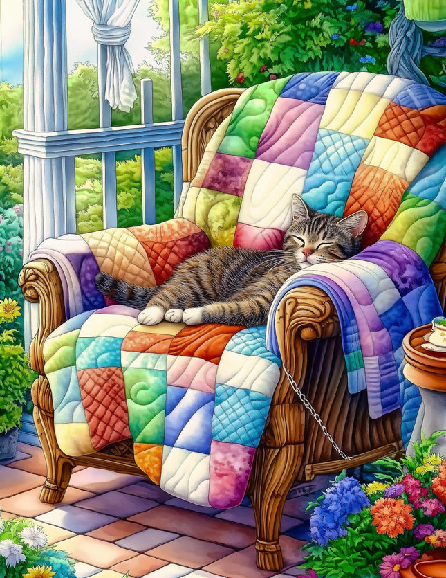 Cat sleeping on a colorful quilted chair with a garden view fabric panel