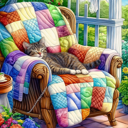 Cat sleeping on a colorful quilted chair on a patio with flowers and greenery fabric panel