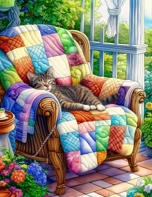Cat sleeping on a colorful quilted chair on a patio with flowers and greenery fabric panel